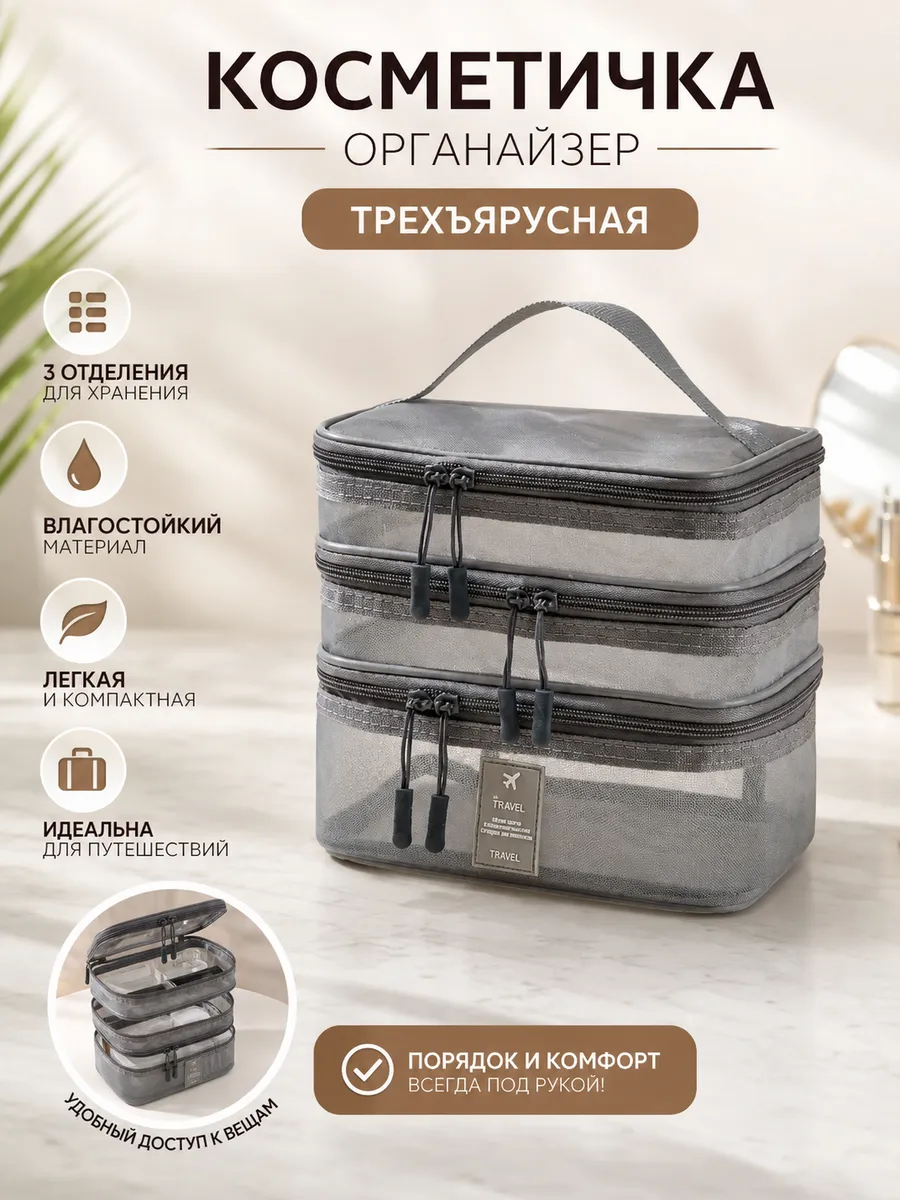 Косметичка трехъярусная 3сетка