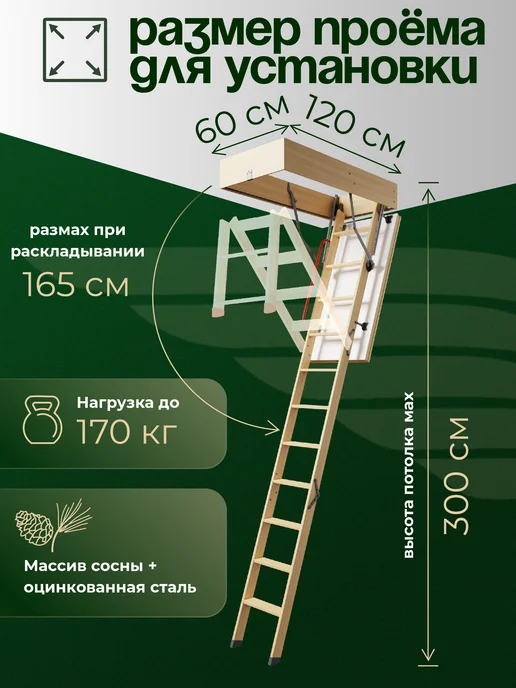 АВИАТОР Лестница чердачная с люком утепленная 60х120х300, 120x300, фото 2