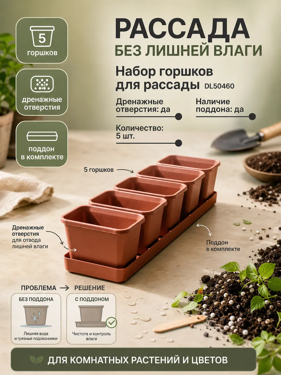Горшки для рассады 5 шт. с поддоном