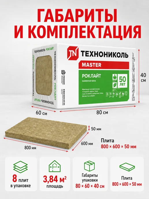 ТехноНИКОЛЬ Каменная вата утеплитель Роклайт Мини 50мм, 1 уп. (8 плит), зеленый, фото 3