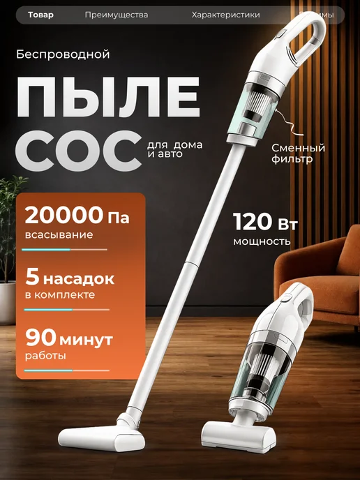 Пылесос вертикальный беспроводной для дома и авто, вариант
