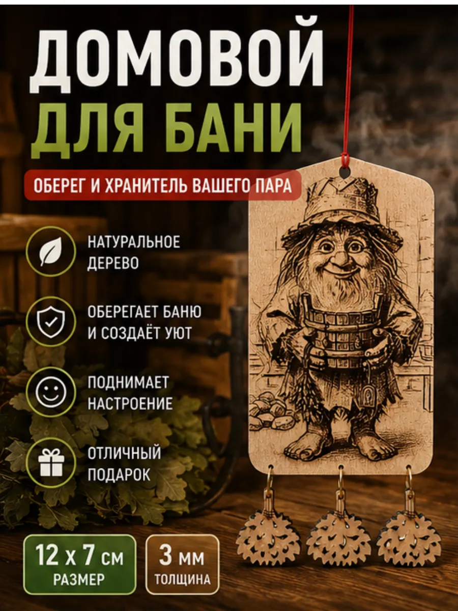 Оберег для бани домовой банник с веником деревянный