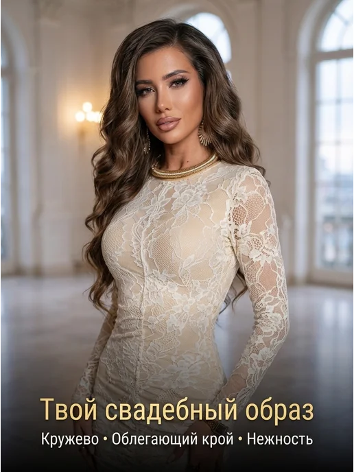 Olga Lim Платье вечернее кружевное в пол свадебное, белый, фото 3