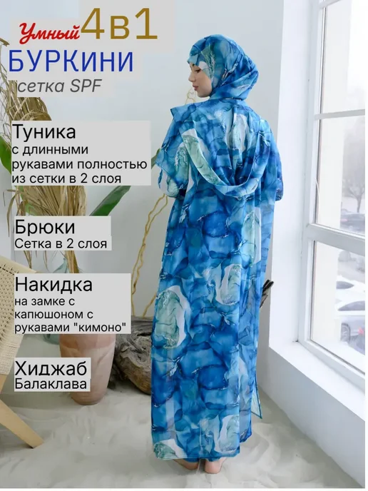Muslim style Купальник мусульманский женский для плавания сетка spf 4 в 1, синий, фото 2