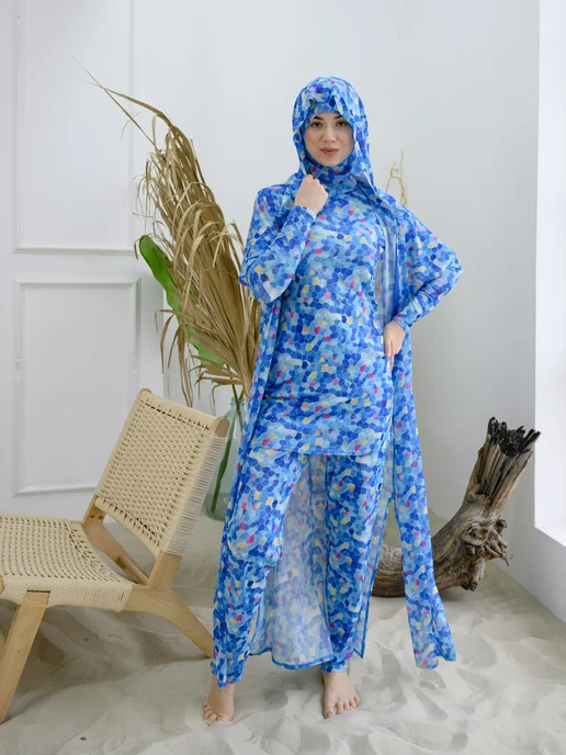 Muslim style Купальник Буркини для женщин для плавания сетка spf 4 в 1, голубой, фото 6