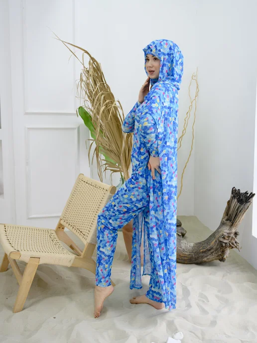 Muslim style Купальник Буркини для женщин для плавания сетка spf 4 в 1, голубой, фото 7