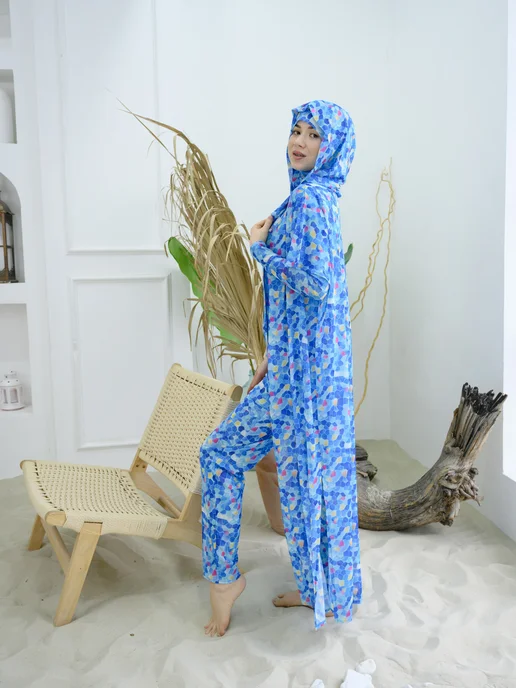 Muslim style Купальник Буркини для женщин для плавания сетка spf 4 в 1, голубой, фото 8