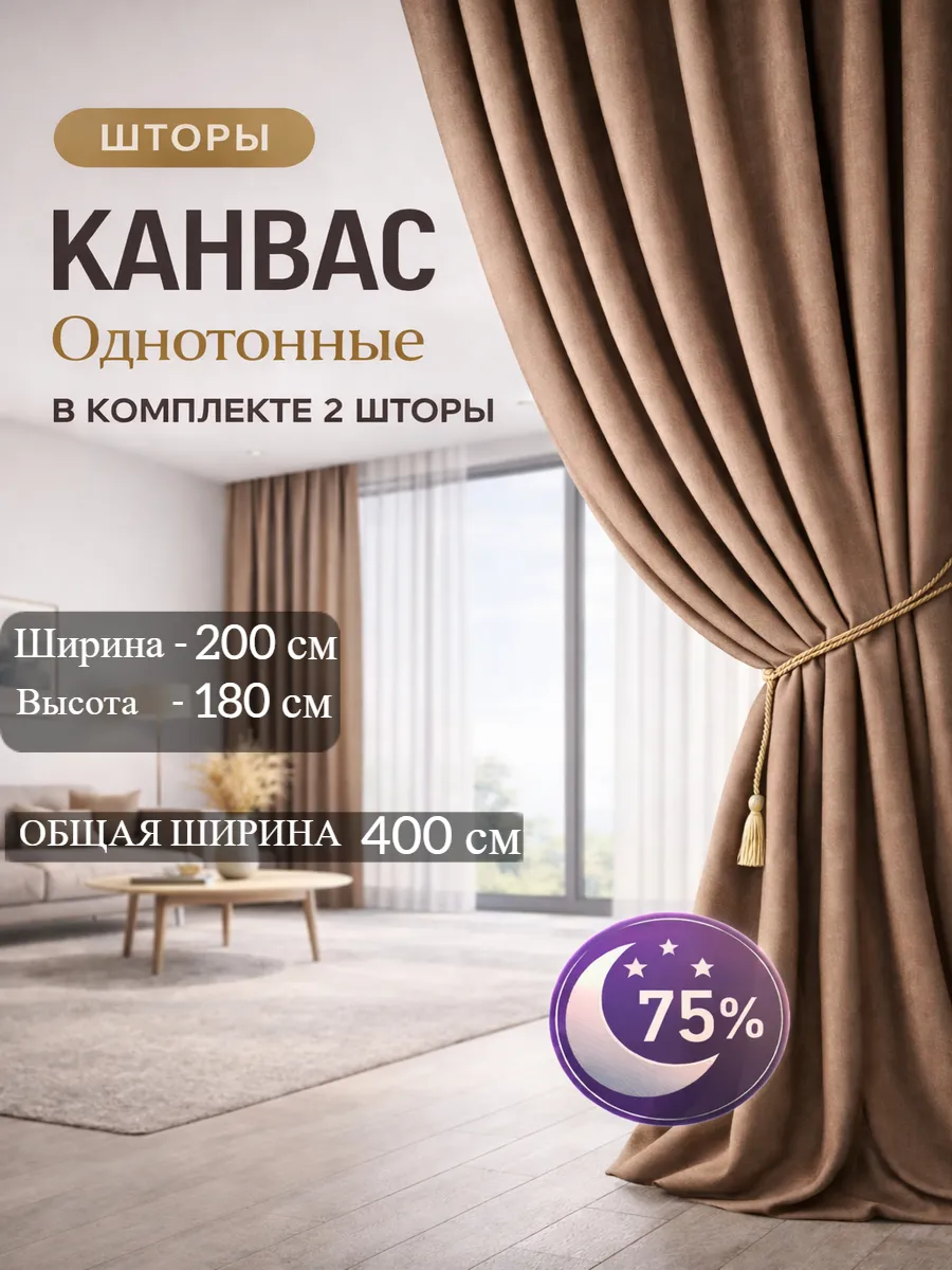Шторы канвас короткие на кухню 200х180 см комплект 2 шт