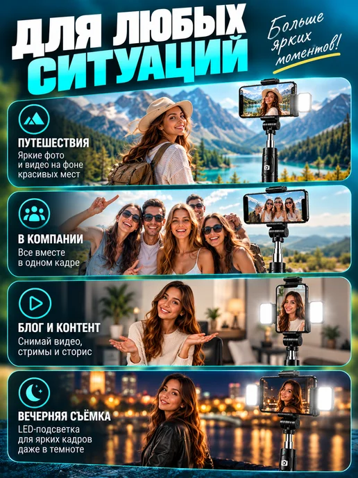 Селфи-палка с Bluetooth-пультом, штатив - монопод, черный, фото 4