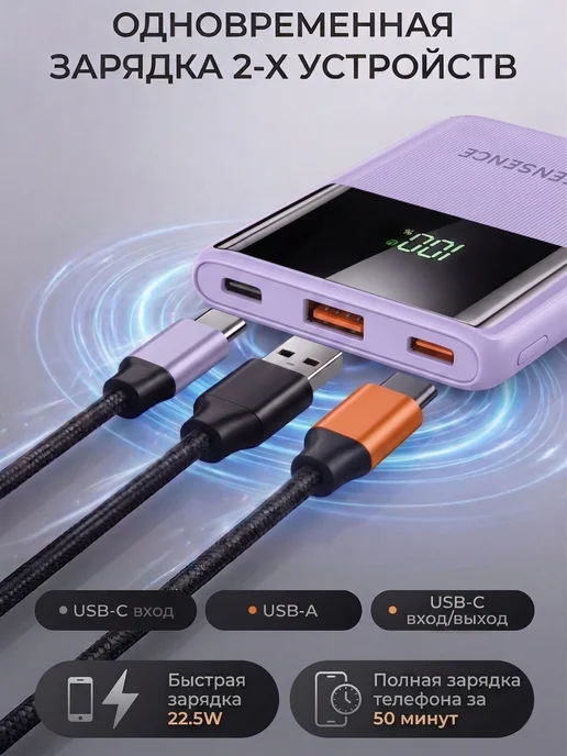 Zensence Внешний аккумулятор повербанк 10000mah мини, быстрая зарядка, 10000 мАч, фото 2