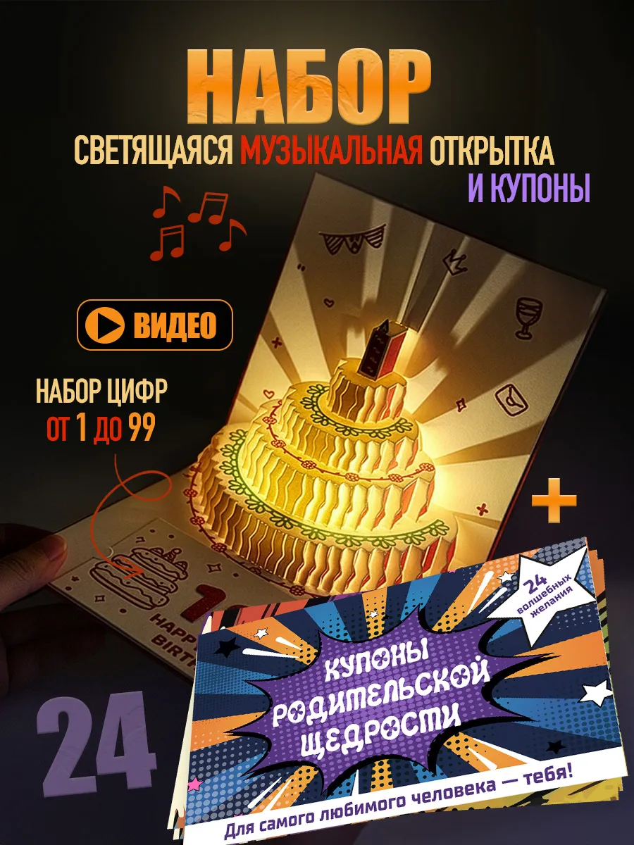 Открытка музыкальная С днем рождения и купоны детям