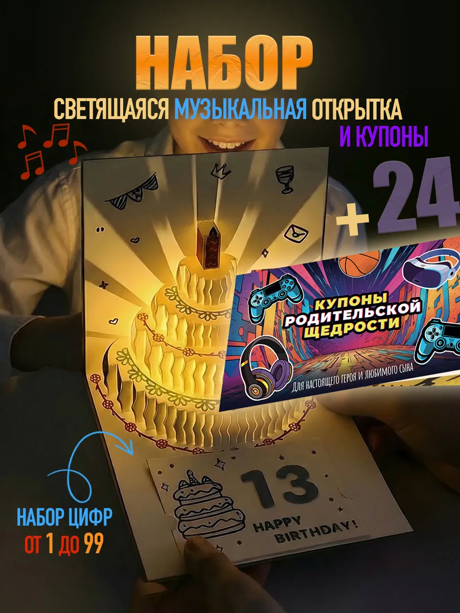 Открытка музыкальная С днем рождения и купоны для сына