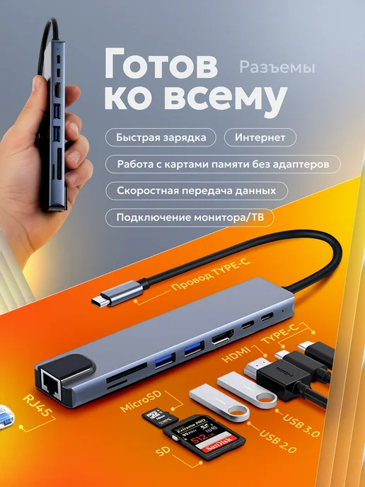 SellHub Разветвитель USB переходник для макбука type-c, вариант, фото 2
