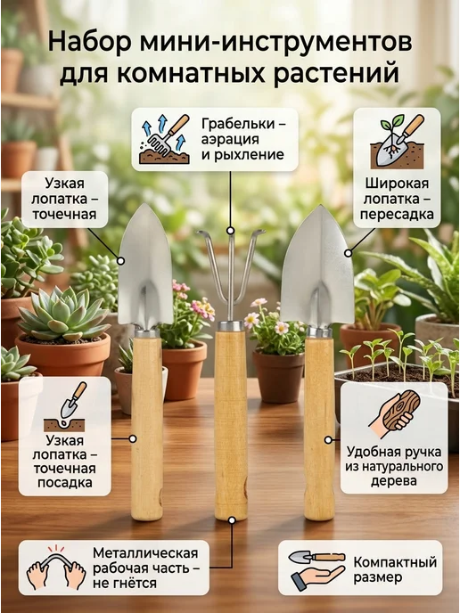 Набор мини инструментов для ухода за домашними растениями, вариант, фото 3