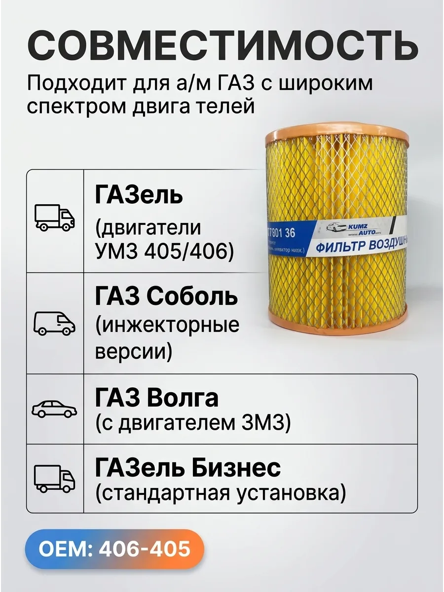 Фильтр воздушный Газель 406-405 низк. инж. закрытый с одной стороны KUMZ
