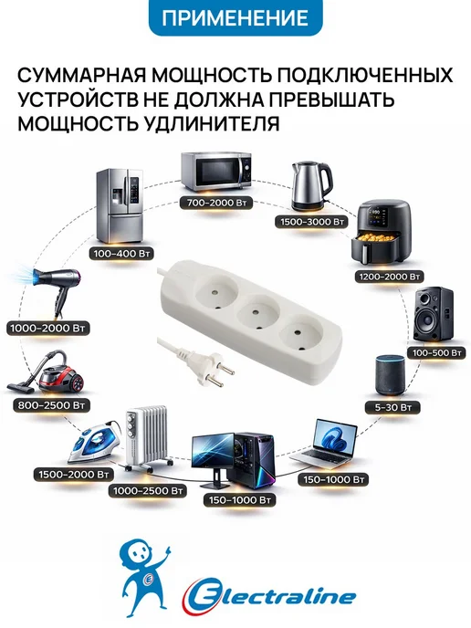 Electraline Удлинитель 1,5м 3 розетки с заземлением сетевой фильтр белый, 1,5 м, фото 6