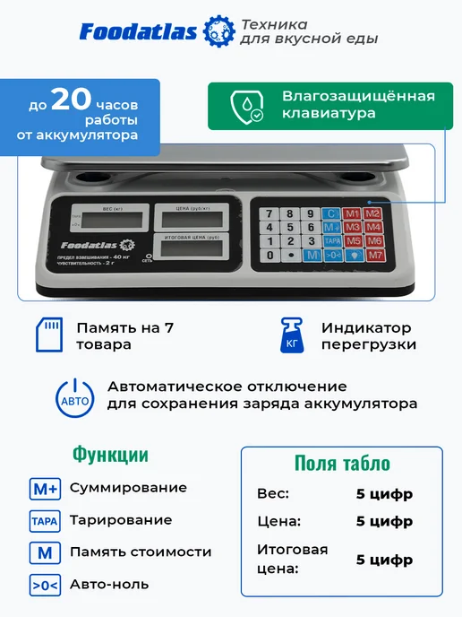 Foodatlas Торговые весы ВТ-40, до 40кг, точность 2гр, 40 кг, 2 г, фото 2