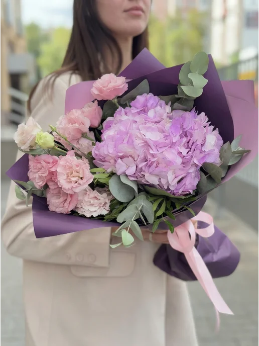 ROZA4U Букет живых цветов с розовой гортензией и эустомой, фиолетовый, фото 2