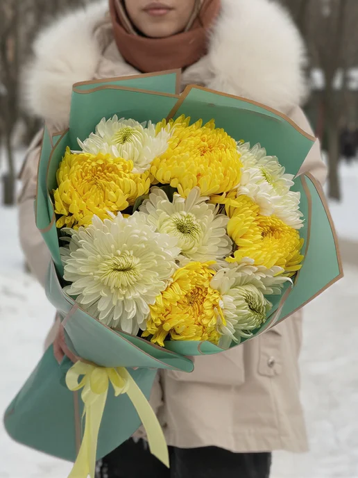 ROZA4U Букет живых цветов из 9 желтых и белых хризантем, белый, фото 2