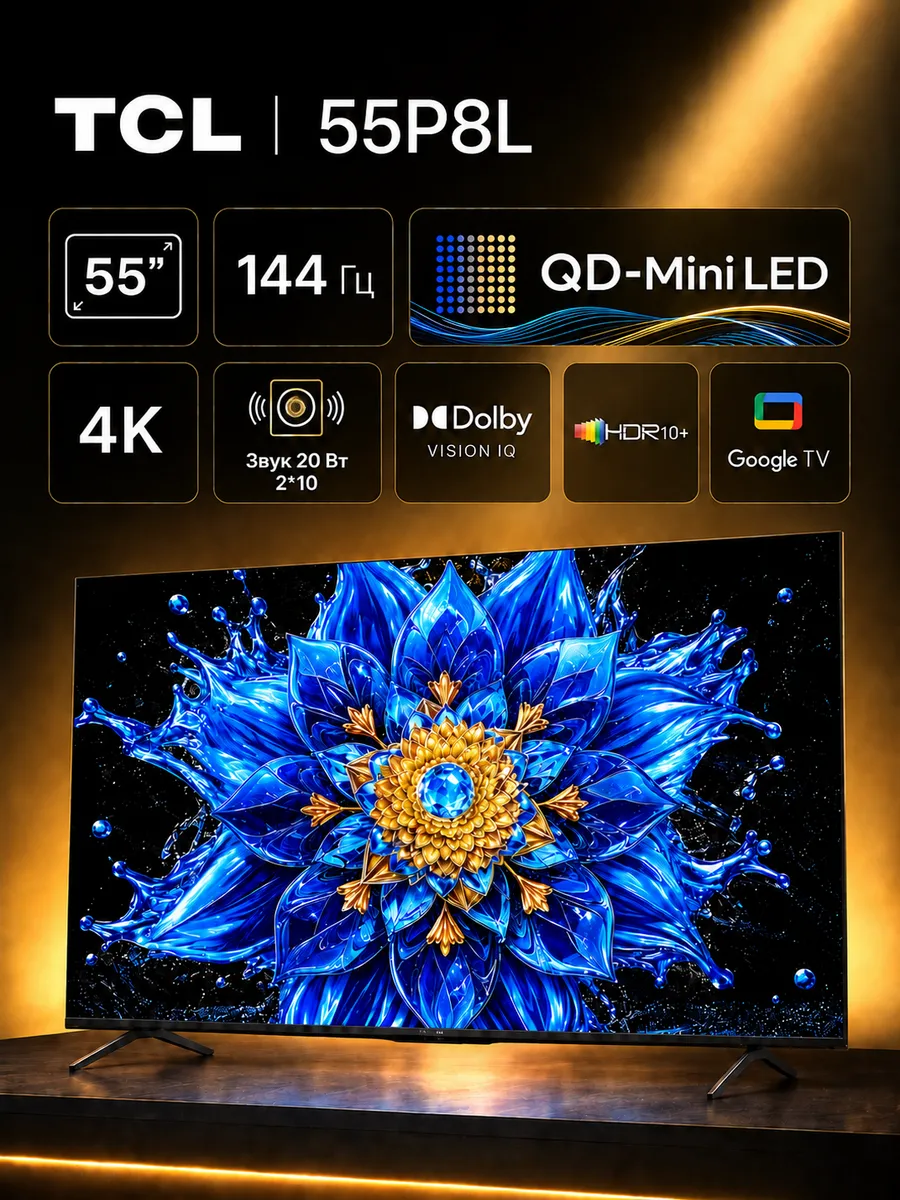 TCL Телевизор 55 дюймов 55P8L 144 Гц MiniLED HDR10+ Dolby Vision
