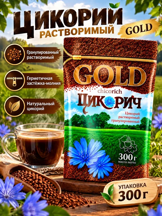 ЦИКОРИЧ Цикорий Gold растворимый, гранулированный 300 грамм, золотой