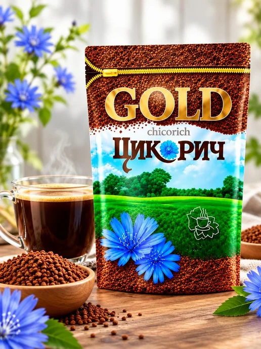 ЦИКОРИЧ Цикорий Gold растворимый, гранулированный 300 грамм, золотой, фото 2