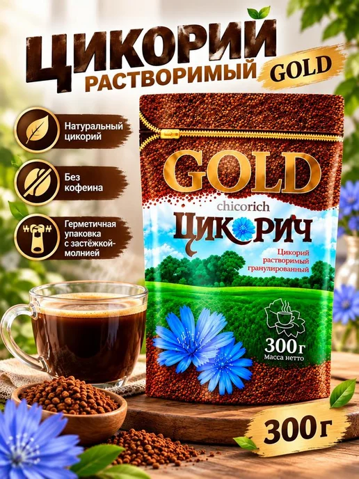 ЦИКОРИЧ Цикорий Gold растворимый, гранулированный 300 грамм, золотой, фото 4