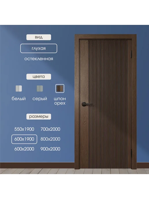 WanMark Дверь межкомнатная Синди-5 шпон Орех глухая 800х2000, 600x1900, фото 2