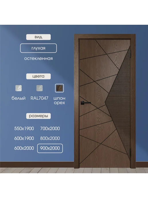 WanMark Дверь межкомнатная Синди-2 шпон Орех глухая 550х1900, 900x2000, фото 2